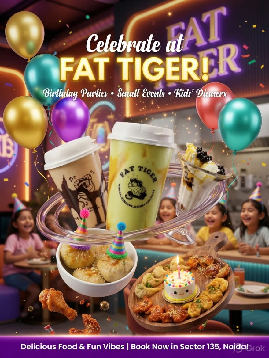 Fat Tiger full party spread โ boba drinks, steamed momos and crispy chicken wings